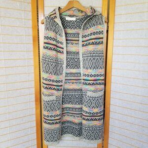 Tribal Knit Cardigan Sweater Vest Brightly Patterned Hooded Pockets Southwestern